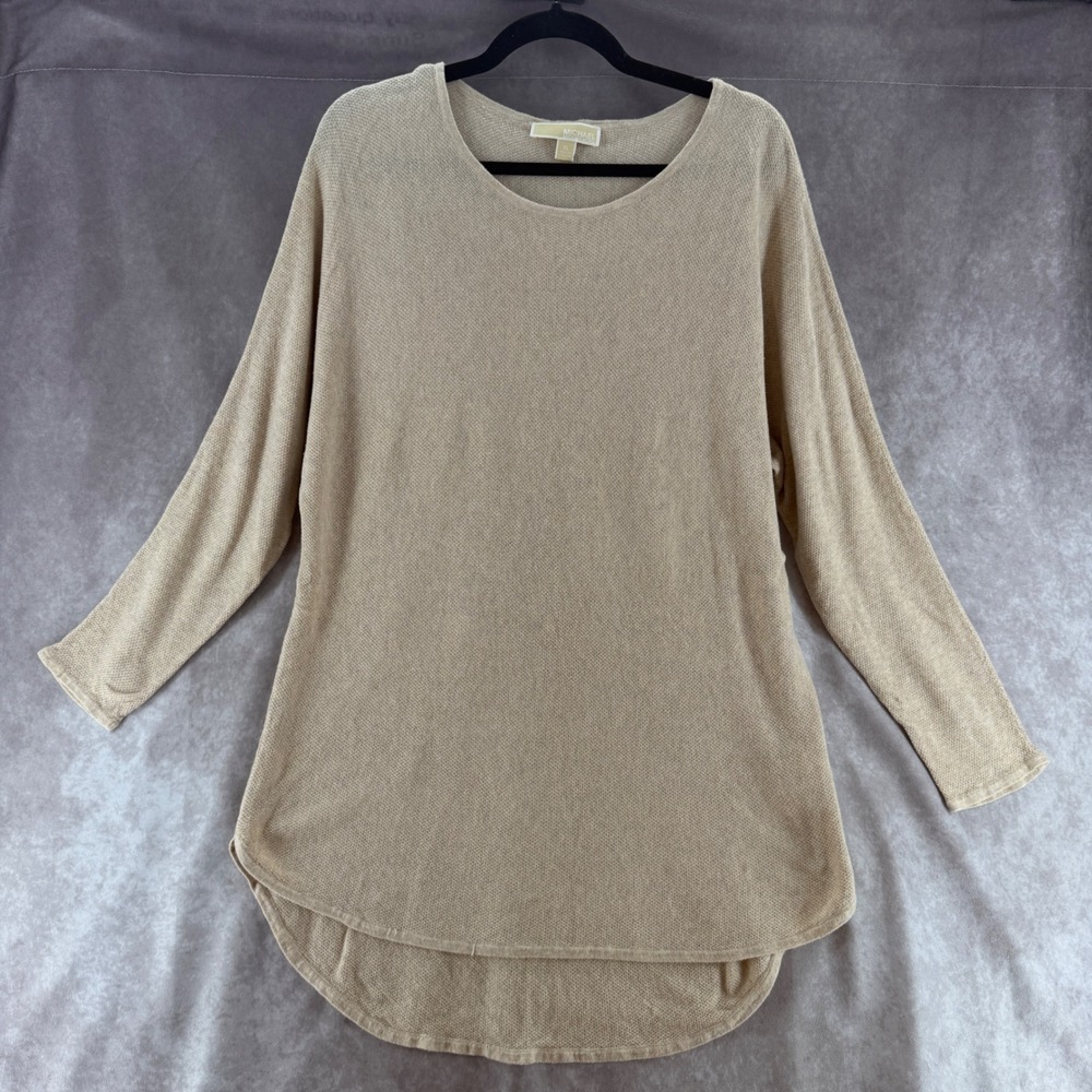 Michael Kors Womens Tan Beige Cotton Blend Textured Knit Tunic Sweater XL Earthy